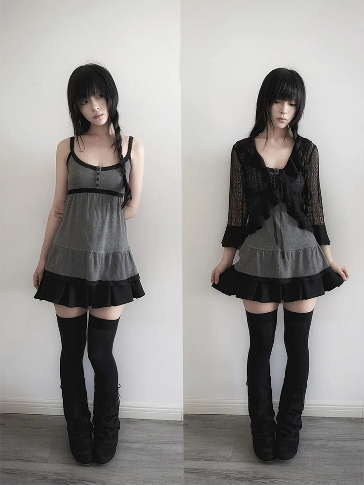 Vintage Fashion Pieces - Black Cardigan Grey Strap Vest Pleated