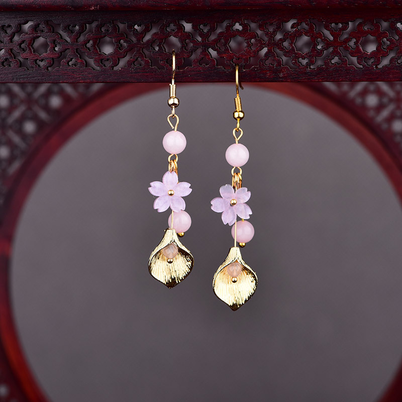 Vintage Women Fashion - Pink Natural Jade Flower Earrings Vintage
